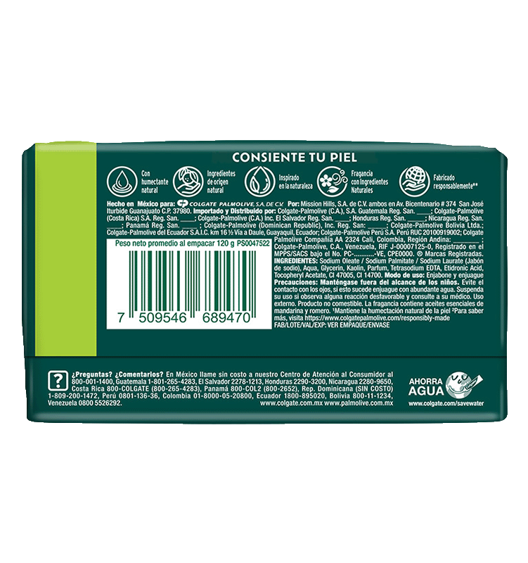 Instrucciones de uso y componentes Jabón Palmolive Naturals Mandarina y Romero